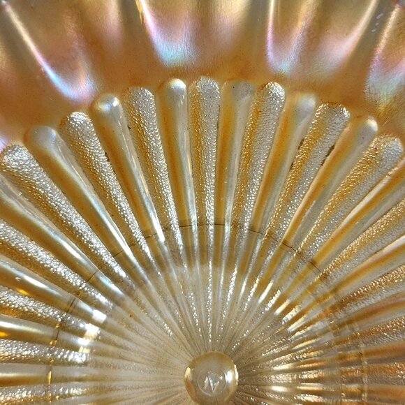 Vtg Northwood Carnival Glass Bowl Opalescent Orange Peach Ruffled Ribbed Pattern - Picture 6 of 9
